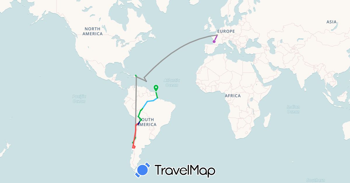 TravelMap itinerary: driving, bus, plane, train, hiking, boat in Argentina, Saint Barthélemy, Bolivia, Brazil, Chile, Dominican Republic, France, French Guiana, Martinique (Europe, North America, South America)